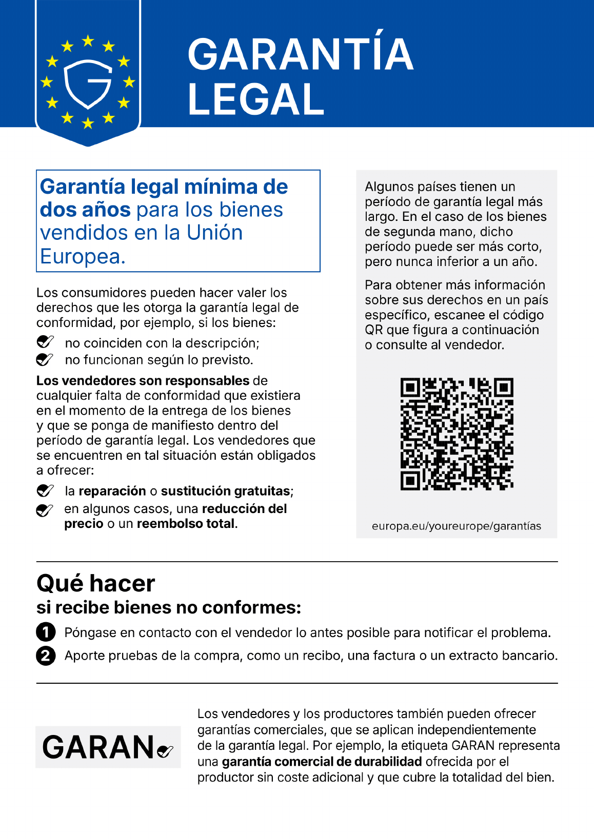 Aviso armonizado de garantía legal de la Unión Europea